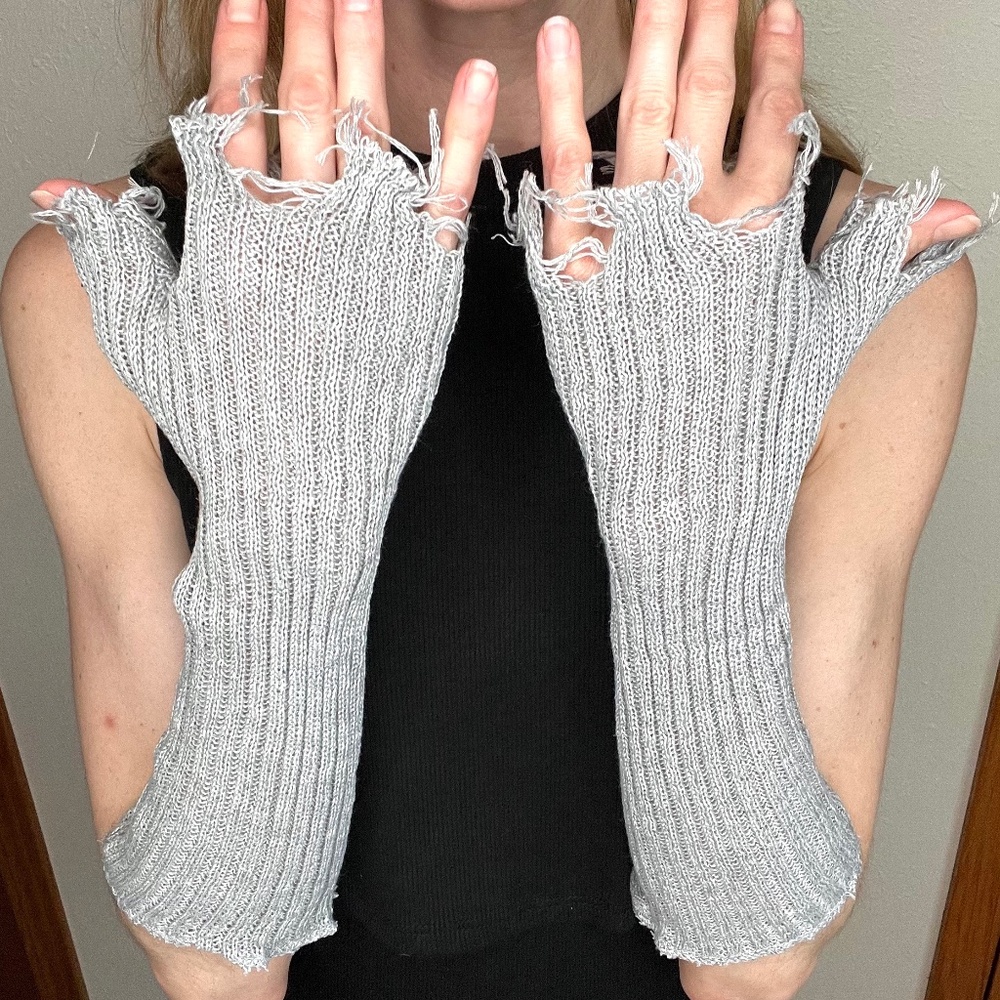 Knit Fingerless Gloves Gray Arm Warmers Ripped Sleeves Sweater Socks Goth Y2k